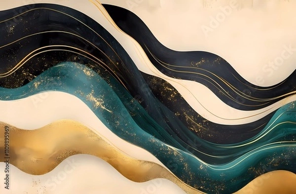 Fototapeta Abstract golden lines with black and teal green colors on a beige background, golden wavy lines with black and turquoise colors, gold lines with dark brown and light gray.