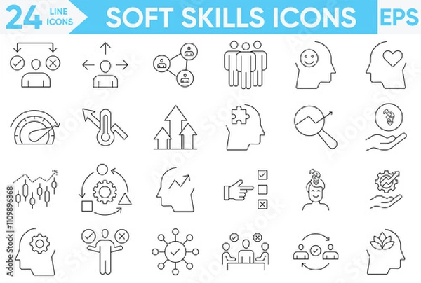 Fototapeta soft skills. Linear icon collection. Editable stroke.Soft skills line icon set. Containing communication, teamwork, empathy, time management and work ethics icons.