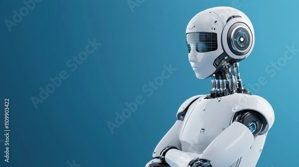 Fototapeta A futuristic humanoid robot with a sleek design stands against a blue background, showcasing advanced technology and artificial intelligence features.