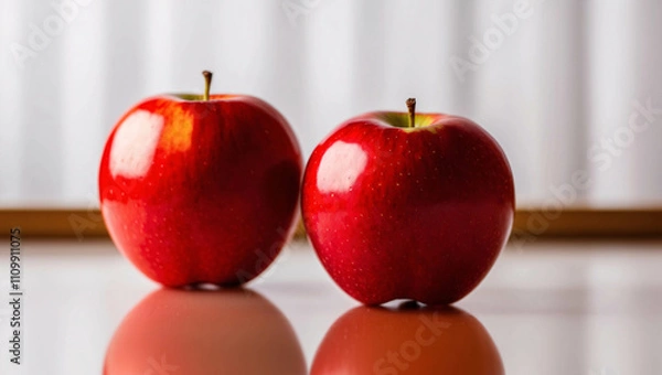 Fototapeta Shiny Red Apple Resting on White Table in Modern Minimalist Aesthetic Fruit Presentation Photo