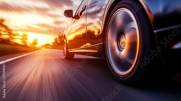 Fototapeta Car speeding on highway at sunset.