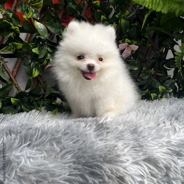Fototapeta A cute, fluffy Pomeranian dog is sitting and taking pictures with a natural scene.