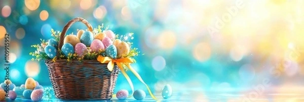 Fototapeta Colorful easter egg basket with flowers on a bright spring background. Happy Easter