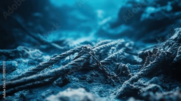Fototapeta Underwater view of damaged cables entangled with marine life, showcasing the intersection of technology and nature.