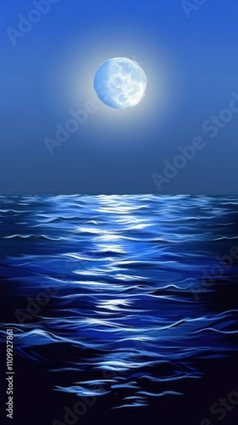 Fototapeta A serene night scene featuring a full moon reflecting on calm ocean waves.