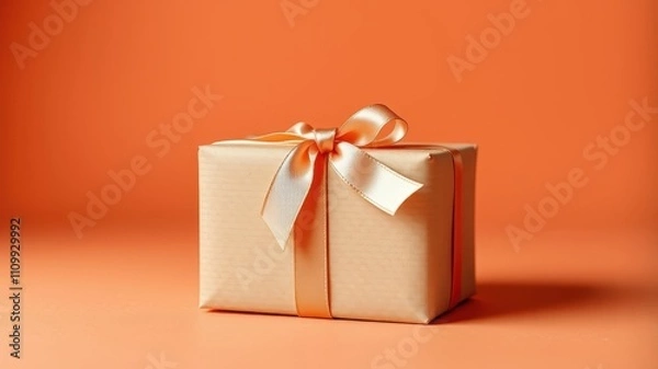 Fototapeta A single gift box with a satin ribbon, neatly tied in a bow, rests on a smooth orange background. The gift box is a symbol of celebration, joy, and surprise.