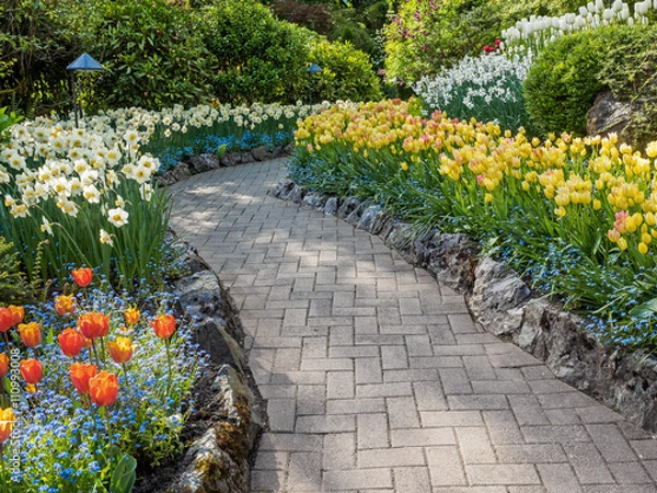 Fototapeta Paved walkway in the spring garden