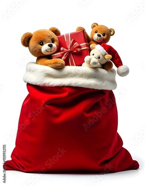 Fototapeta Red Santa Claus sack full of gifts isolated on transparent background. 
