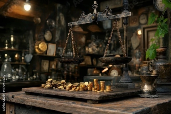 Fototapeta Traditional Balance Scale with Gold Coins Against an Antique Shop Background, Symbolizing Wealth, Justice, and Fairness in a Vintage Setting