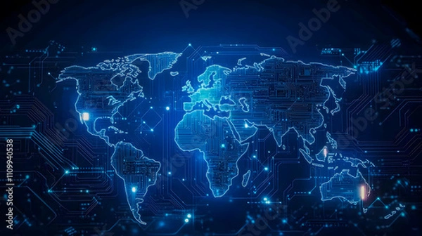 Fototapeta Futuristic World Map with Digital Circuitry Design Representing Technology and Global Connectivity in Blue Tone