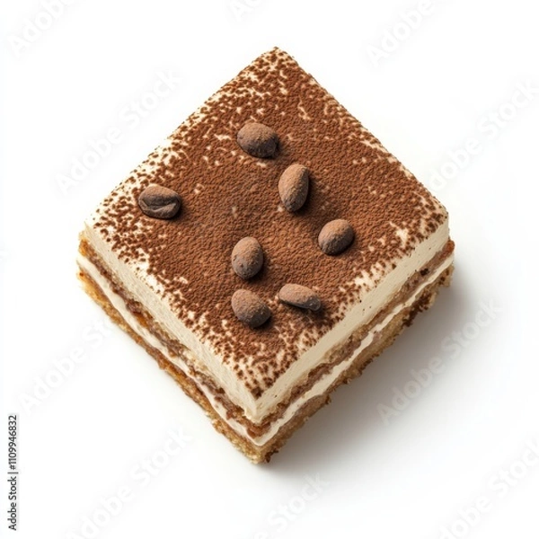 Fototapeta A classic Italian tiramisu dessert with cocoa dusting, isolated white background, realism art style