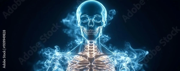 Fototapeta A glowing, translucent skeleton is depicted against a dark background, surrounded by ethereal smoke, illustrating the beauty of human anatomy.