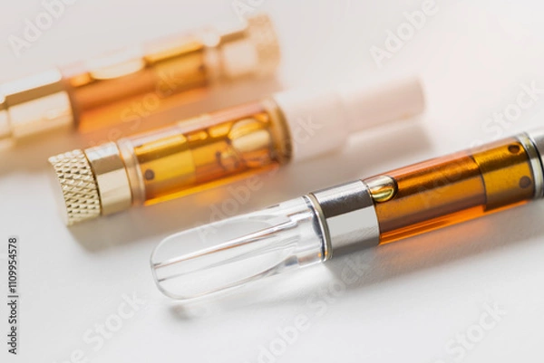 Obraz Cannabis distillate in variety of vaporizor cartridges on whte background