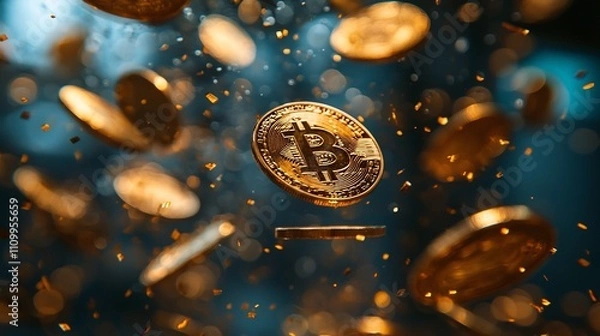 Fototapeta Golden Digital Currency Flowing through Modern Office Symbolizing Efficient Business Cash Flow