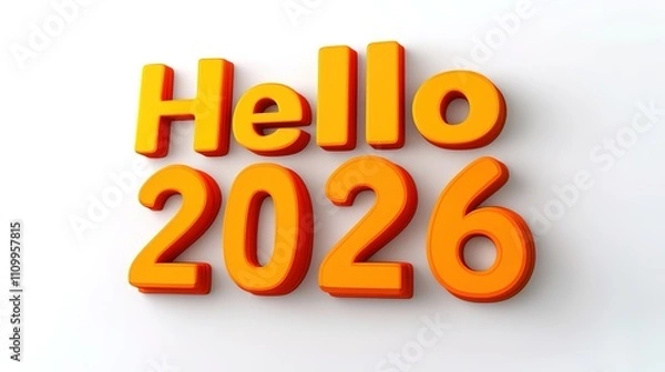 Fototapeta Vibrant 3D cartoon-style "Hello 2026" text, featuring bold and colorful lettering with detailed textures, rendered on a clean white background in ultra-high 8K resolution,