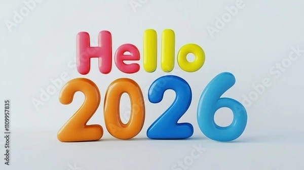 Fototapeta Vibrant 3D cartoon-style "Hello 2026" text, featuring bold and colorful lettering with detailed textures, rendered on a clean white background in ultra-high 8K resolution,