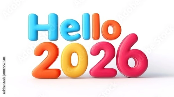 Fototapeta Vibrant 3D cartoon-style "Hello 2026" text, featuring bold and colorful lettering with detailed textures, rendered on a clean white background in ultra-high 8K resolution,