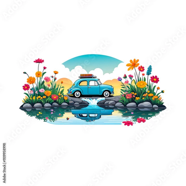Obraz illustration of car near river surrounded by colorful flowers on white background.