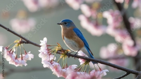 Fototapeta Bluebird perched on a cherry blossom branch.