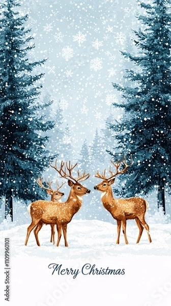 Obraz A family of deer in the snow, surrounded by pine trees and falling snowflakes, with "Merry Christmas" written at the bottom in elegant script. Watercolor illustration style, 