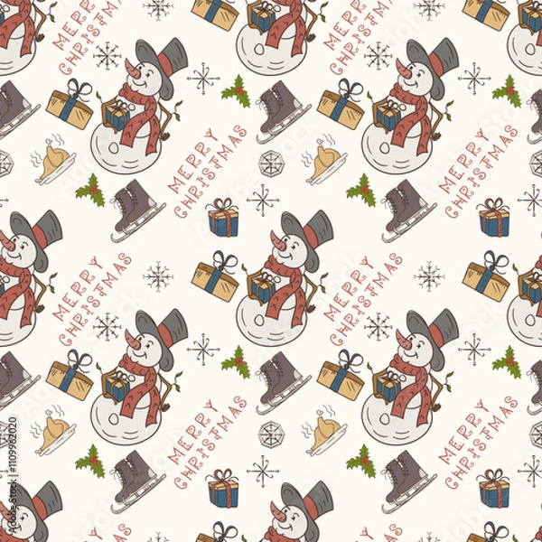 Fototapeta Christmas color seamless contour illustration in the style of childrens doodles a Snowman in a top hat