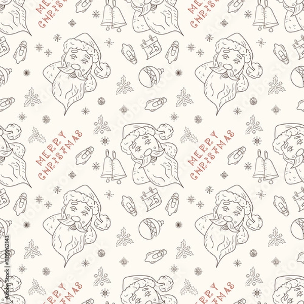 Fototapeta Christmas seamless contour illustration in the style of childrens doodle Santa Claus Face