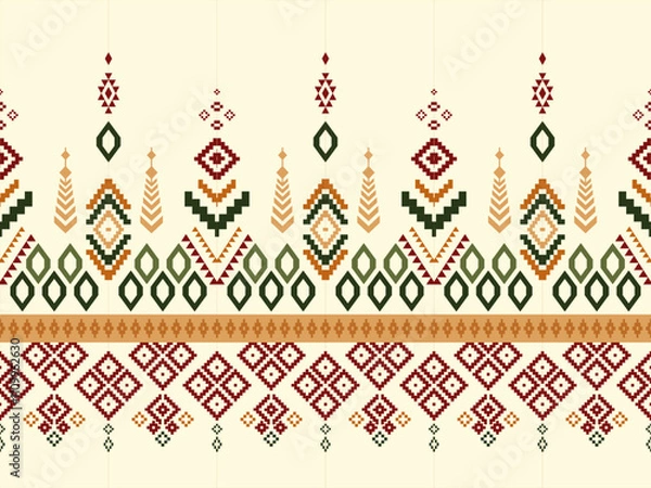 Fototapeta Embroidered cross-stitch ethnic fabric Geometric ornament ethnic pattern design. Use for fabric, textile, interior decoration elements, upholstery, and wrapping.