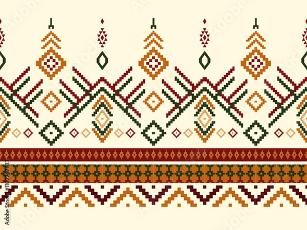 Fototapeta Embroidered cross-stitch ethnic fabric Geometric ornament ethnic pattern design. Use for fabric, textile, interior decoration elements, upholstery, and wrapping.