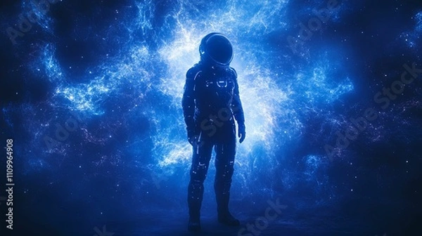 Fototapeta Astronaut Stands Before a Cosmic Nebula Background