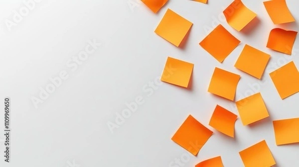 Fototapeta Minimalistic composition of scattered orange sticky notes on a simple white backdrop