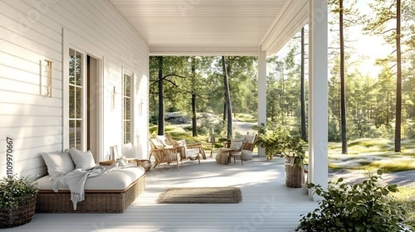 Fototapeta A Scandinavian-inspired house with clean white walls, wooden accents, and an open-air terrace with a beautiful forest view.