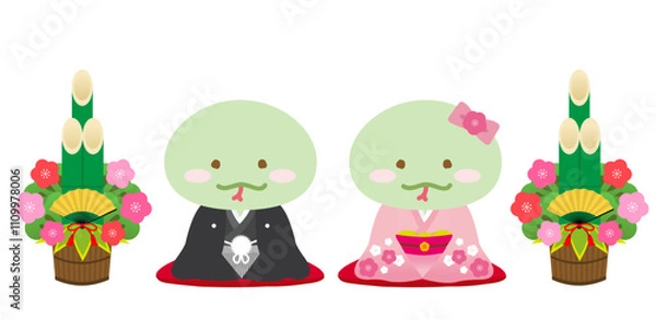 Obraz 着物姿のかわいい干支シリーズ　巳年カップルと正月飾りの門松　蛇/男女/新年のご挨拶
