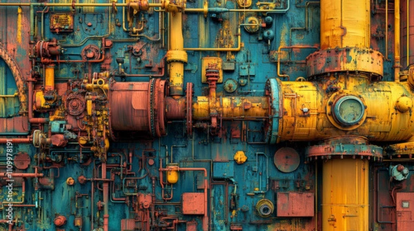 Fototapeta Industrial Machinery: Rust, Pipes, and Gears 3D Render