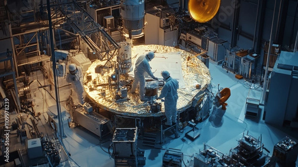 Obraz Satellite Assembly: Clean Room Engineers at Work