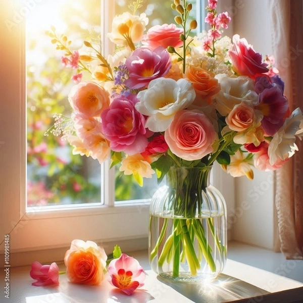 Fototapeta A bouquet of flowers in a vase on a sunny windowsill with vibran