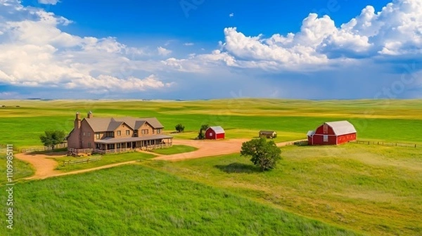 Fototapeta A sprawling ranch house with a red barn nearby, surrounded by endless fields of green and a bright blue sky.