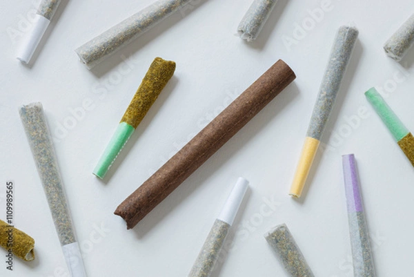 Obraz an arrengement of various pre-rolled cannabis joints and blunts