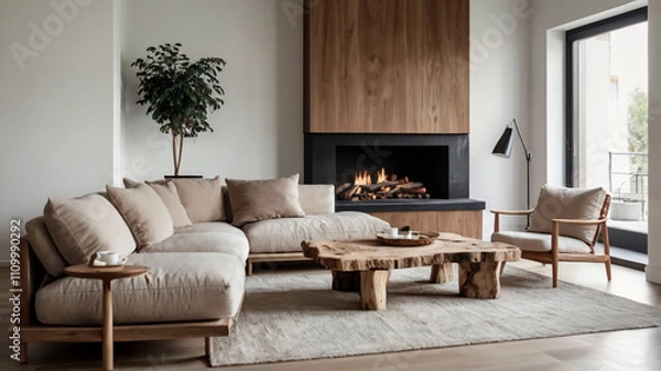 Fototapeta A comfortable sofa, elegant wooden table, and a wood-paneled fireplace wall combine for a harmonious and warm living space.