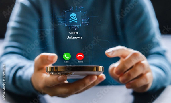Fototapeta Phone scam alert with hacker and scammer calling unknown number, cybercrime, data theft, phishing attempt, fraud alert, digital security threat, cyber attack warning technology and crime concept