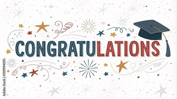 Fototapeta Colorful graduation congratulations banner with a cap and decorative elements.
