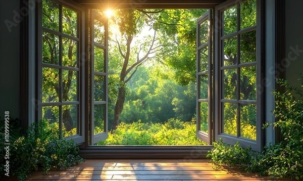 Fototapeta A glass window frame with two doors opening outward reveals the shining sun and green trees outside capturing a summer style
