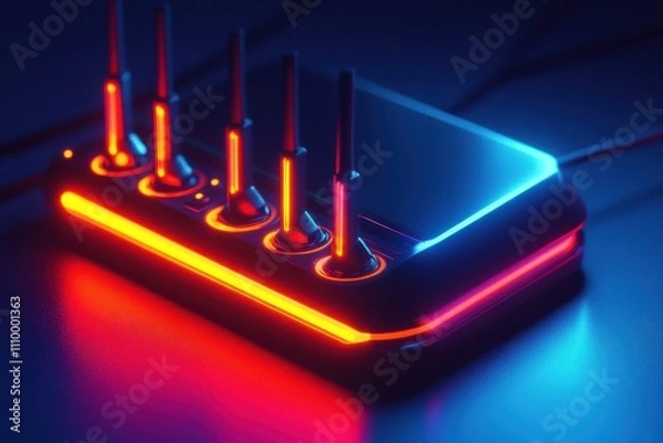 Fototapeta Futuristic device with glowing neon accents; red and blue lights illuminate the sleek, black surface. Ideal for tech, gaming, or futuristic concepts; represents high-speed connection and innovation.