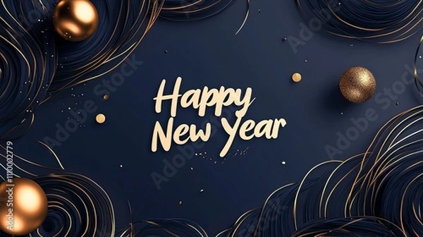 Fototapeta Praising Happy New Year written in elegant silver script on a deep burgundy background, adorned with subtle gold sparkles.