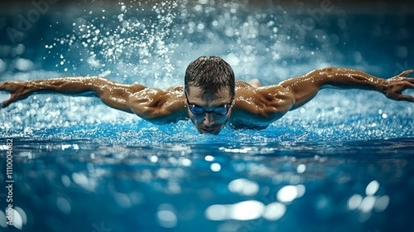 Obraz Muscular Swimmer Executes Butterfly Stroke In Pool