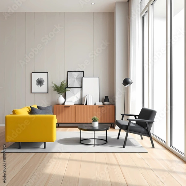 Fototapeta Modern interior design of scandinavian apartment, living room with yellow sofa, sideboard and black armchair 3d animation rendering
