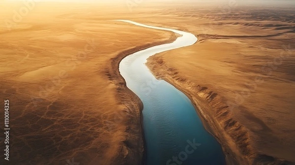 Obraz Aerial view of a winding river flowing through a vast, arid desert landscape at sunset.