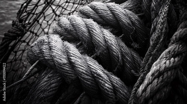 Obraz 35.Weathered industrial ropes entwined with tangled fishing nets, capturing the raw texture of the fibers and knots. The contrast between the sturdy, worn ropes and the fragile yet intricate netting