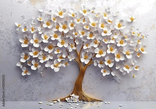 Fototapeta 3D luxury tree with white and gold flowers on a gray background, white wall mural design vector illustration with a tree made of small yellow petals, the tree of life concept