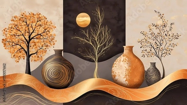 Fototapeta 3D wallpaper, a triptych of abstract vases and circular tree patterns in orange, brown, grey, and beige tones, with golden lines on a dark background, gold leaf accents