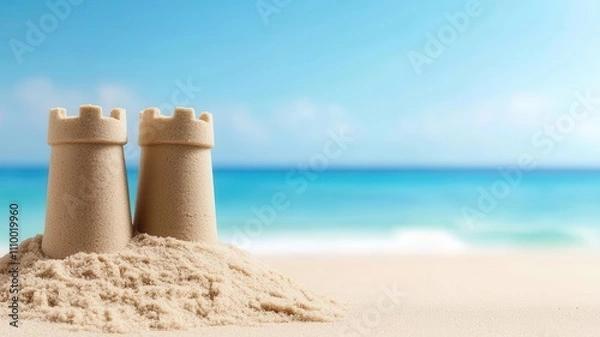 Obraz A serene beach scene featuring two sandcastles near the shoreline, perfect for summer relaxation and fun.